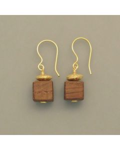 Oak Wood Earrings with Flattened Gold-Plated Silver Beads